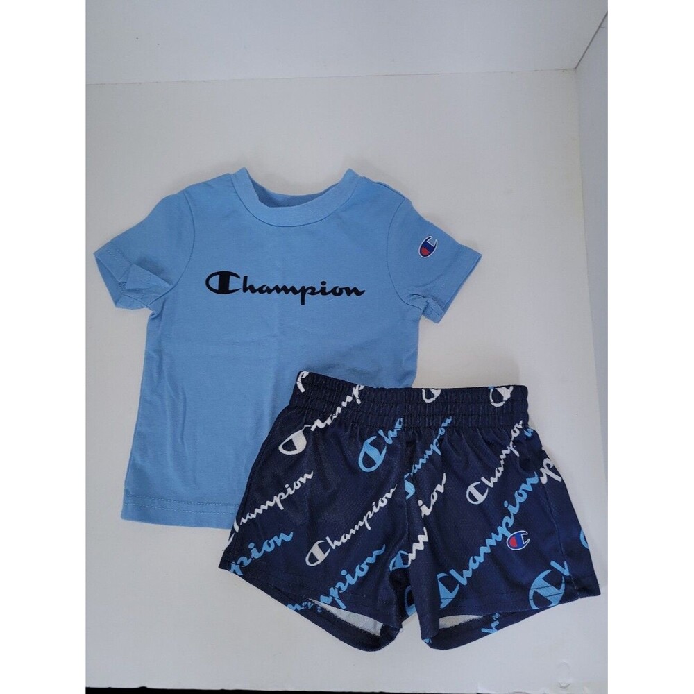 Champion Size 3-6 Months Light Blue Tee And Navy Blue Graphic Shorts Outfit